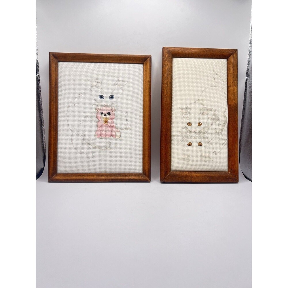 Vintage Framed Cross Stitch Nursery Art Pair Baby Bunny & Cat Kitten Handmade